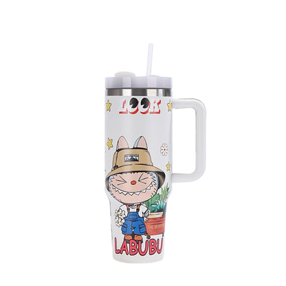 Labubu white cartoon large capacity handle straw water bottle with adventure hat design, insulated for hot and cold drinks, available at Zena Lash Apparel