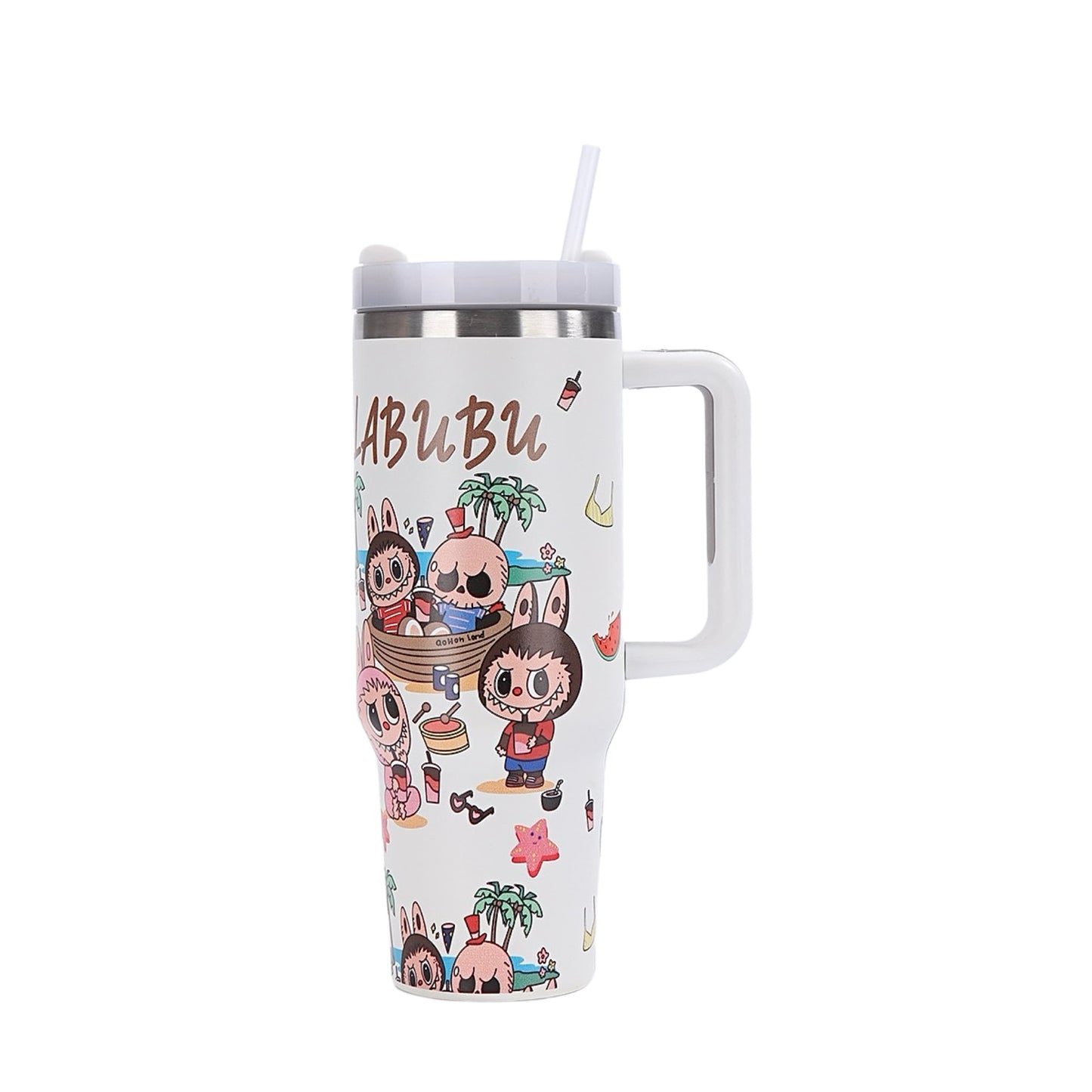 Labubu white cartoon large capacity handle straw water bottle with beach party design, insulated for hot and cold drinks, available at Zena Lash Apparel