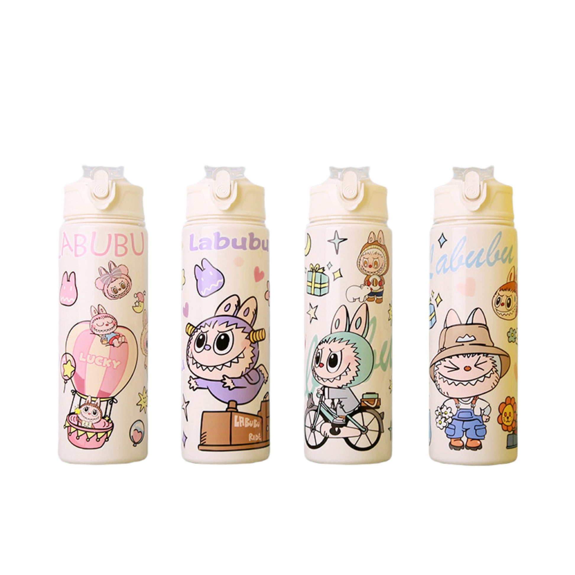 Set of four LABUBU white cartoon water bottles with cute character designs, flip-top lid, and reusable eco-friendly design for kids and adults
