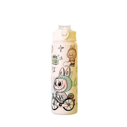 LABUBU white cartoon water bottle featuring cute cycling character with gift and star pattern, eco-friendly reusable flip-top sports drink bottle for kids and adults
