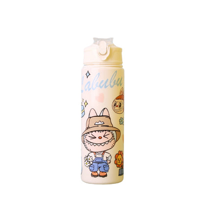 LABUBU white cartoon water bottle with cute farmer character and flower design, eco-friendly reusable flip-top drink bottle for kids and adults