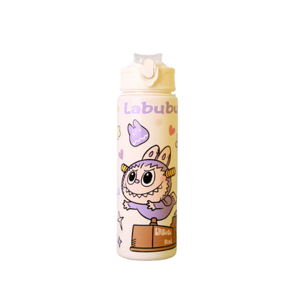 LABUBU white cartoon water bottle with purple character design, flip-top lid, reusable eco-friendly drinking bottle for kids and adults