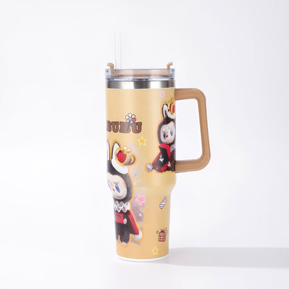 Labubu yellow crown cartoon large capacity handle straw water bottle, insulated stainless steel tumbler for hot and cold drinks, available at Zena Lash Apparel