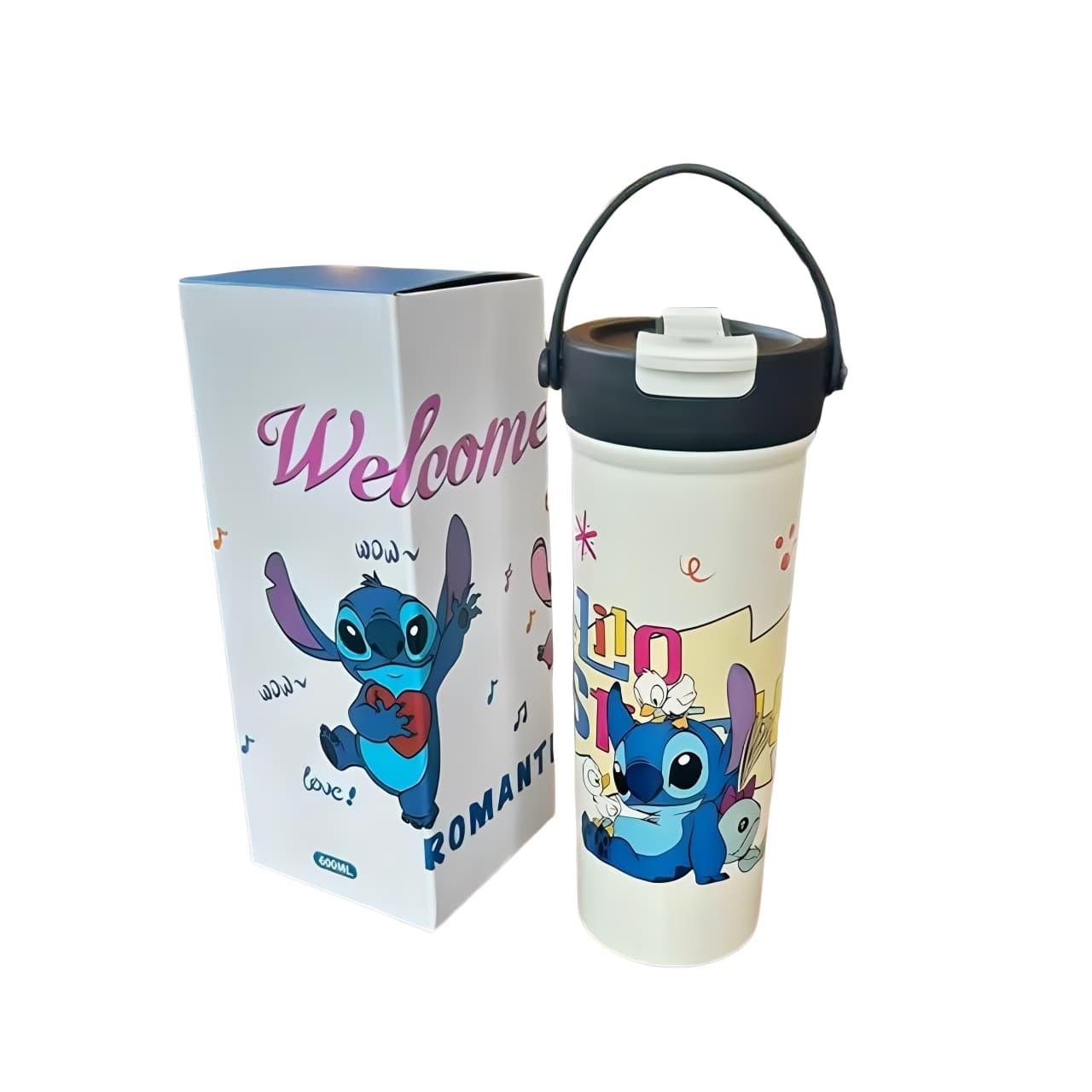 600ml Lilo & Stitch stainless steel travel mug with black lid and cartoon print