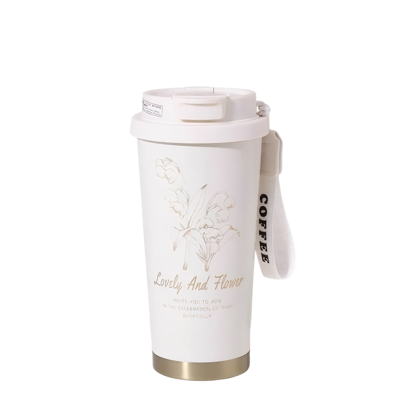 Lovely and Flower 530ml cream stainless steel vacuum flask with strap, floral print, double drinking lid.
