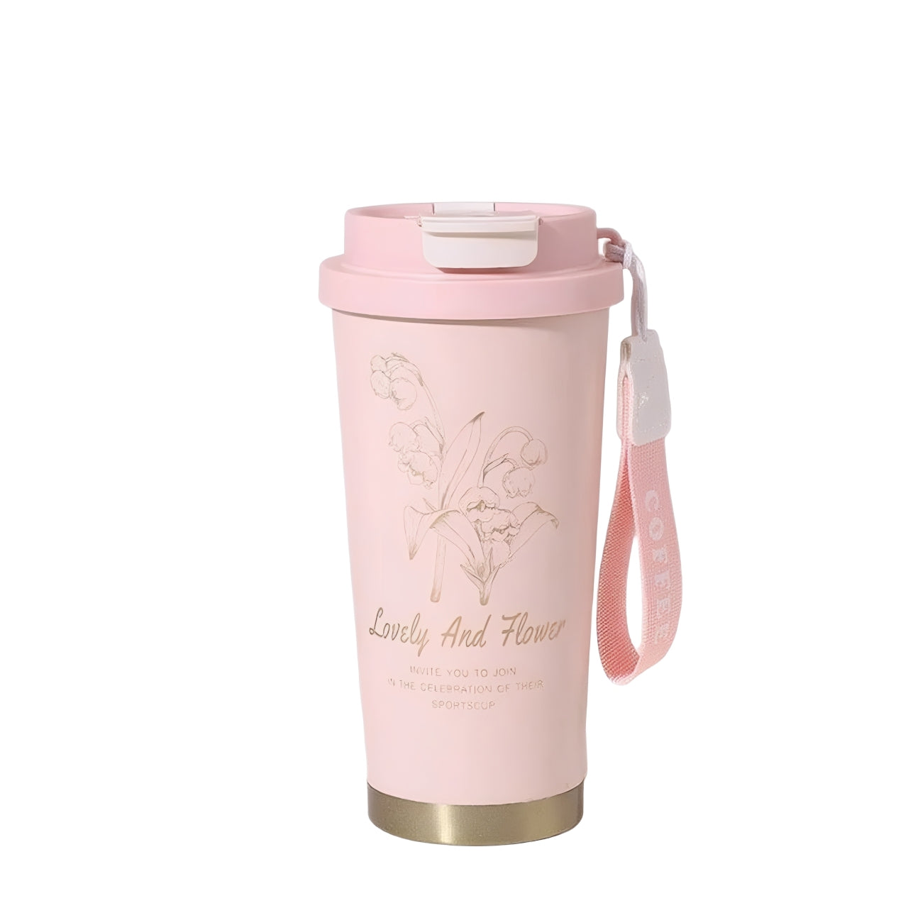 Lovely and Flower 530ml pink stainless steel vacuum flask with strap, floral engraving, 6-hour insulation.
