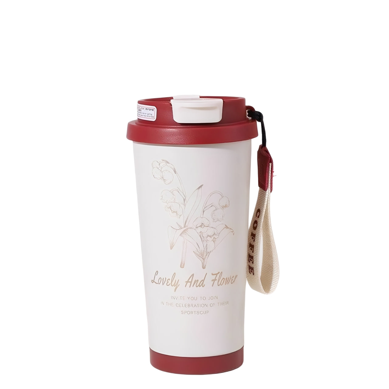 Lovely and Flower 530ml white and red stainless steel vacuum flask with strap, floral design, 6-hour heat retention.