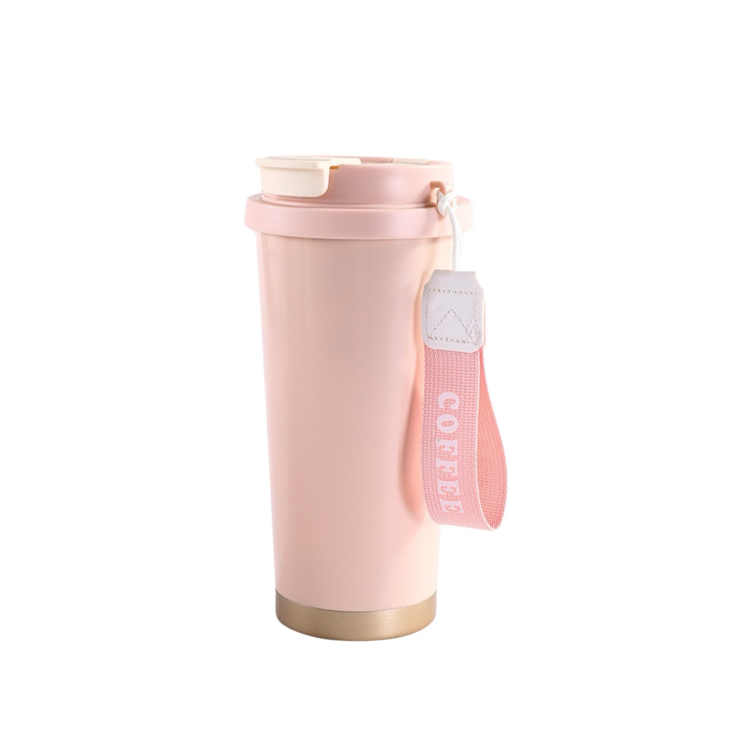 Pink 316 stainless steel coffee thermos mug with carrying strap, 530ml insulated travel cup.