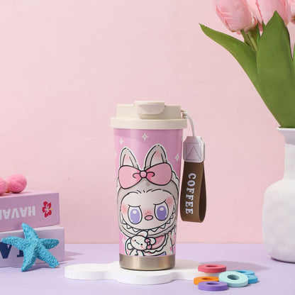 Cute pink cartoon tumbler with bow character, stainless steel insulated coffee mug for travel