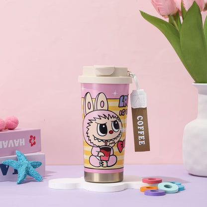 Pink cartoon bunny coffee tumbler, stainless steel insulated travel mug with cute character design