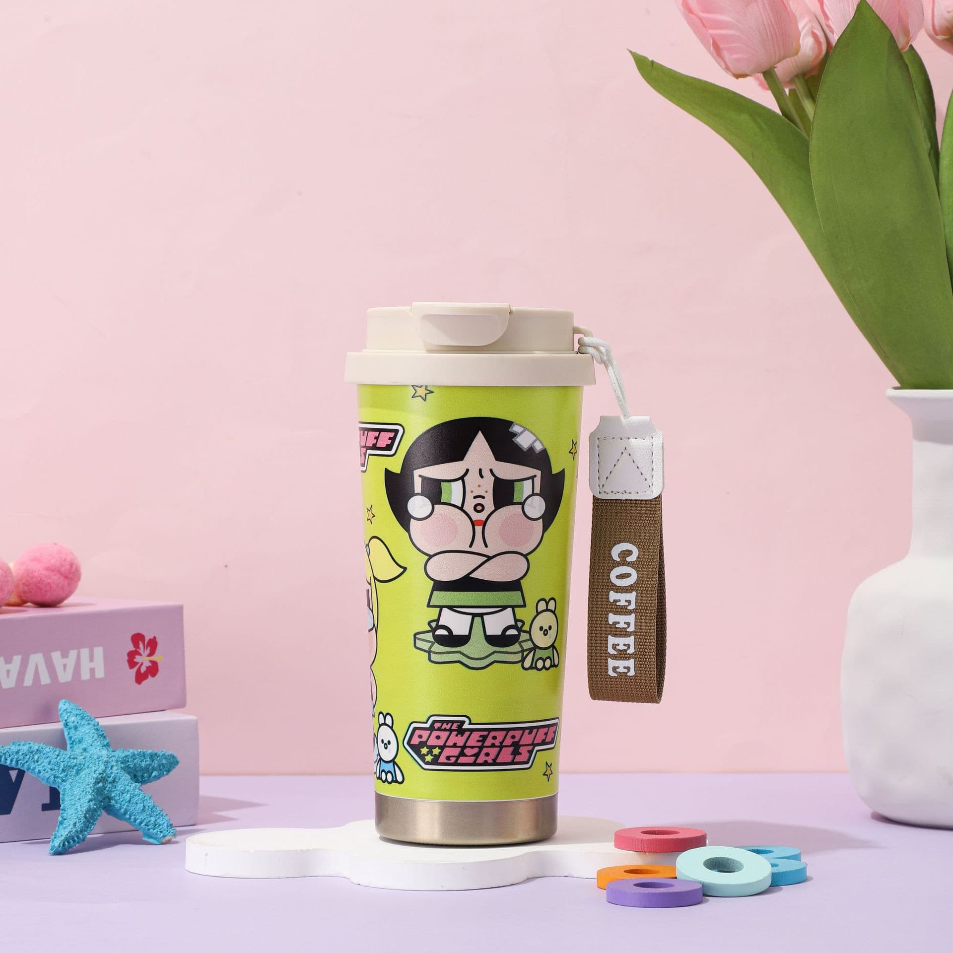 Cute Powerpuff Girl green cartoon stainless steel insulated coffee cup 400ml with portable strap