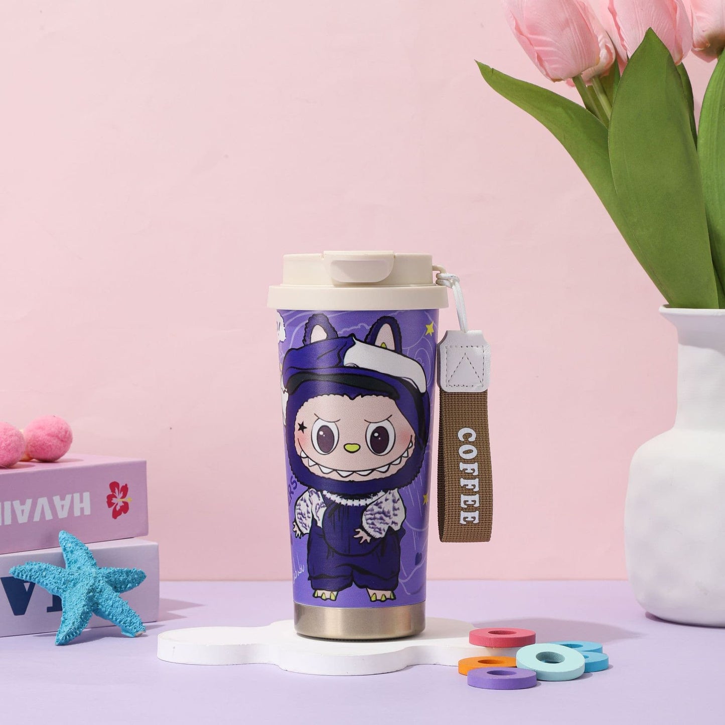 Purple cartoon coffee tumbler with cute character design, insulated stainless steel travel mug with strap