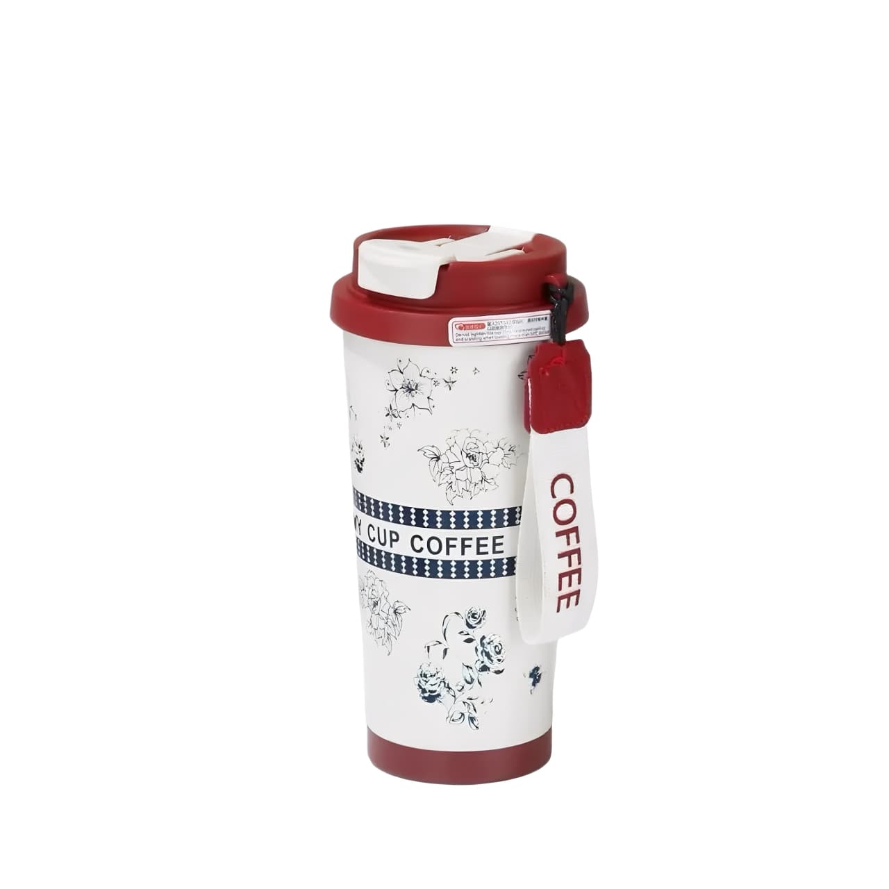 530ml stainless steel insulated coffee cup with floral design, red lid, and carrying strap