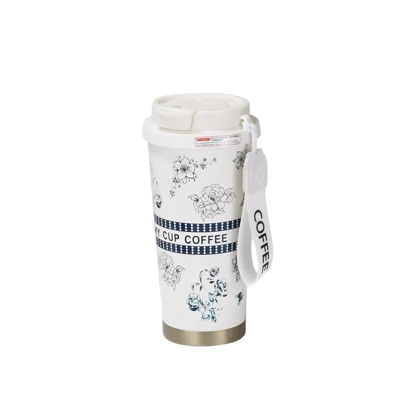 530ml stainless steel insulated coffee cup with floral design, white lid, and carrying strap