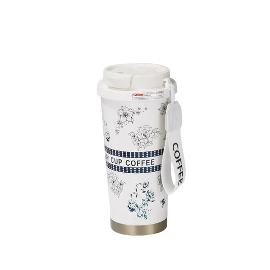 530ml stainless steel insulated coffee cup with floral design, white lid, and carrying strap