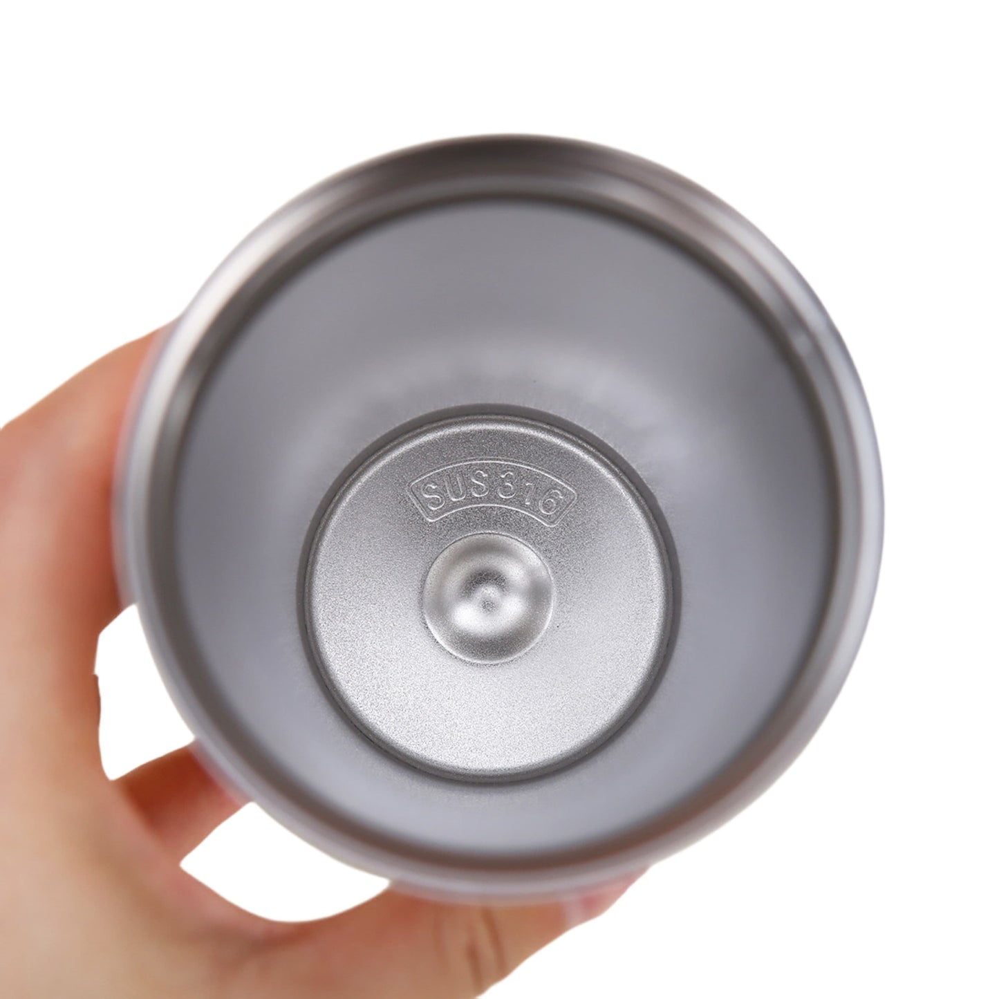 Interior view of stainless steel insulated coffee cup showing SUS316 stainless steel material