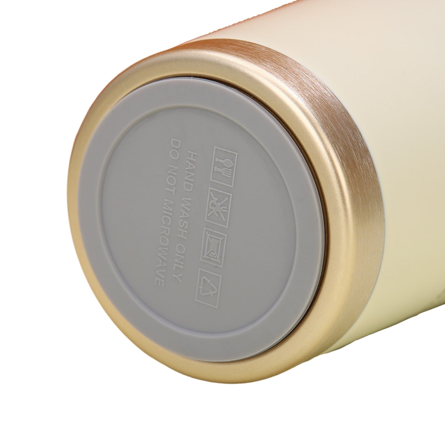 Bottom view of stainless steel insulated coffee cup with anti-slip base and gold trim