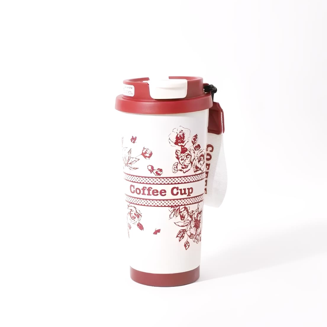 530ml stainless steel insulated coffee cup with red floral print, red lid, and carrying strap