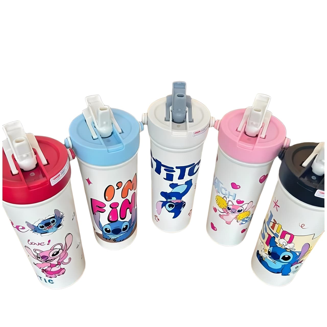 Stitch and Angel cartoon 316 stainless steel insulated water bottle with straw filter and leak-proof lid, ideal for hot and cold drinks
