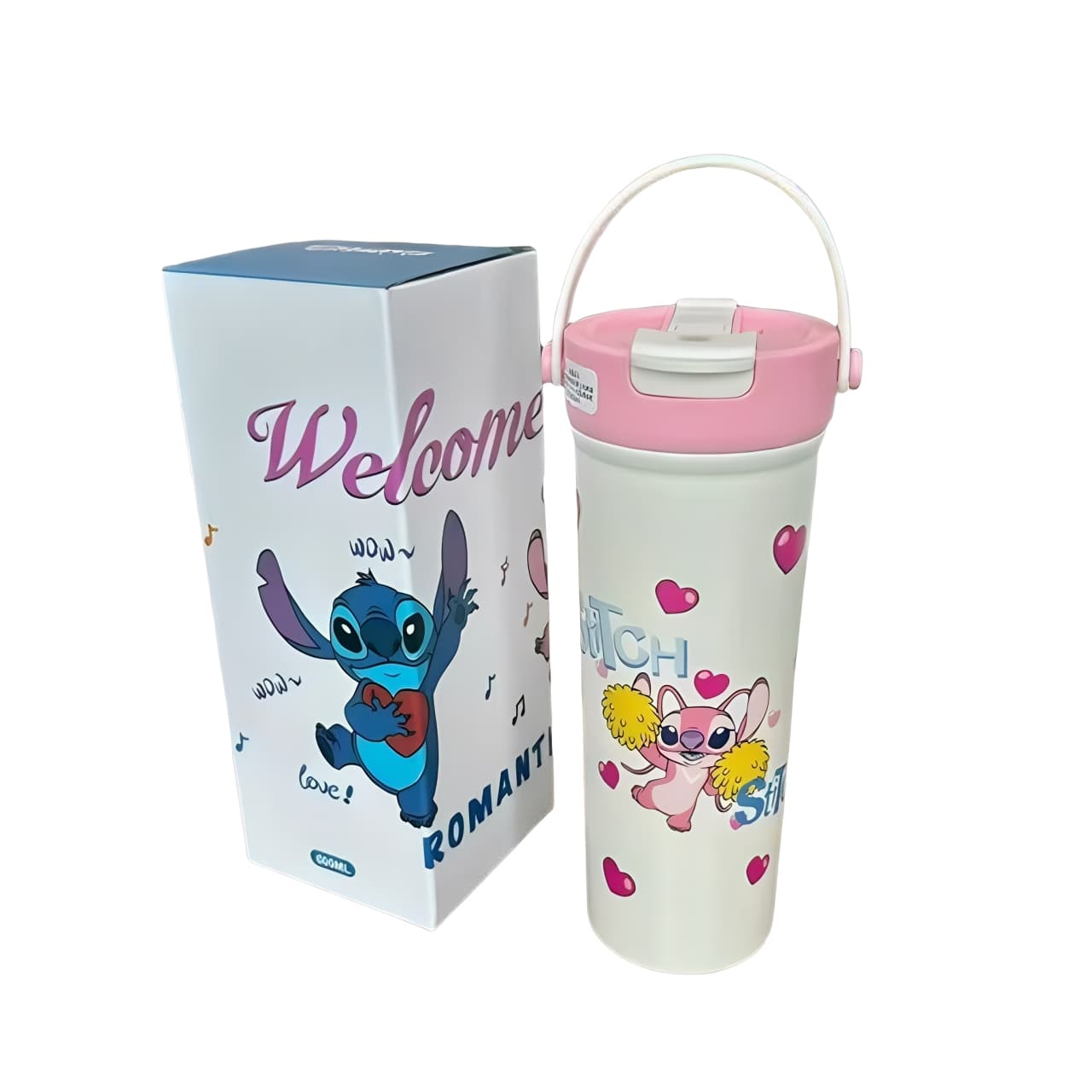600ml Stitch and Angel stainless steel travel mug with pink lid and cute heart design