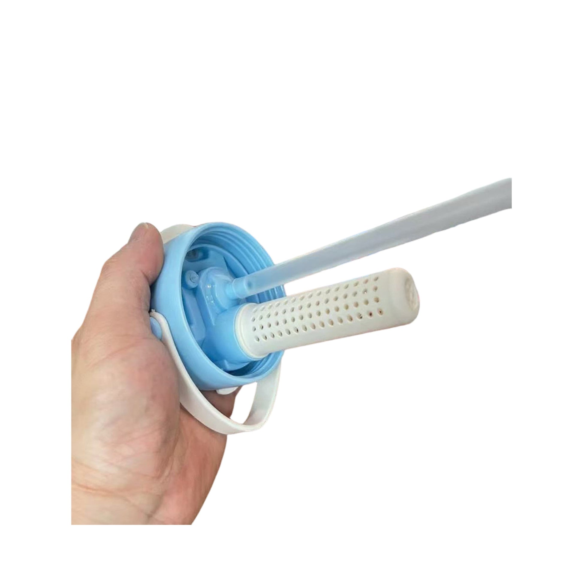 Close-up of straw filter inside Stitch and Angel cartoon stainless steel water bottle, easy to clean and safe for daily use