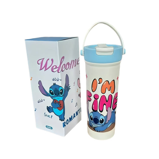 600ml Stitch stainless steel travel mug with blue lid and I’m Fine cartoon design