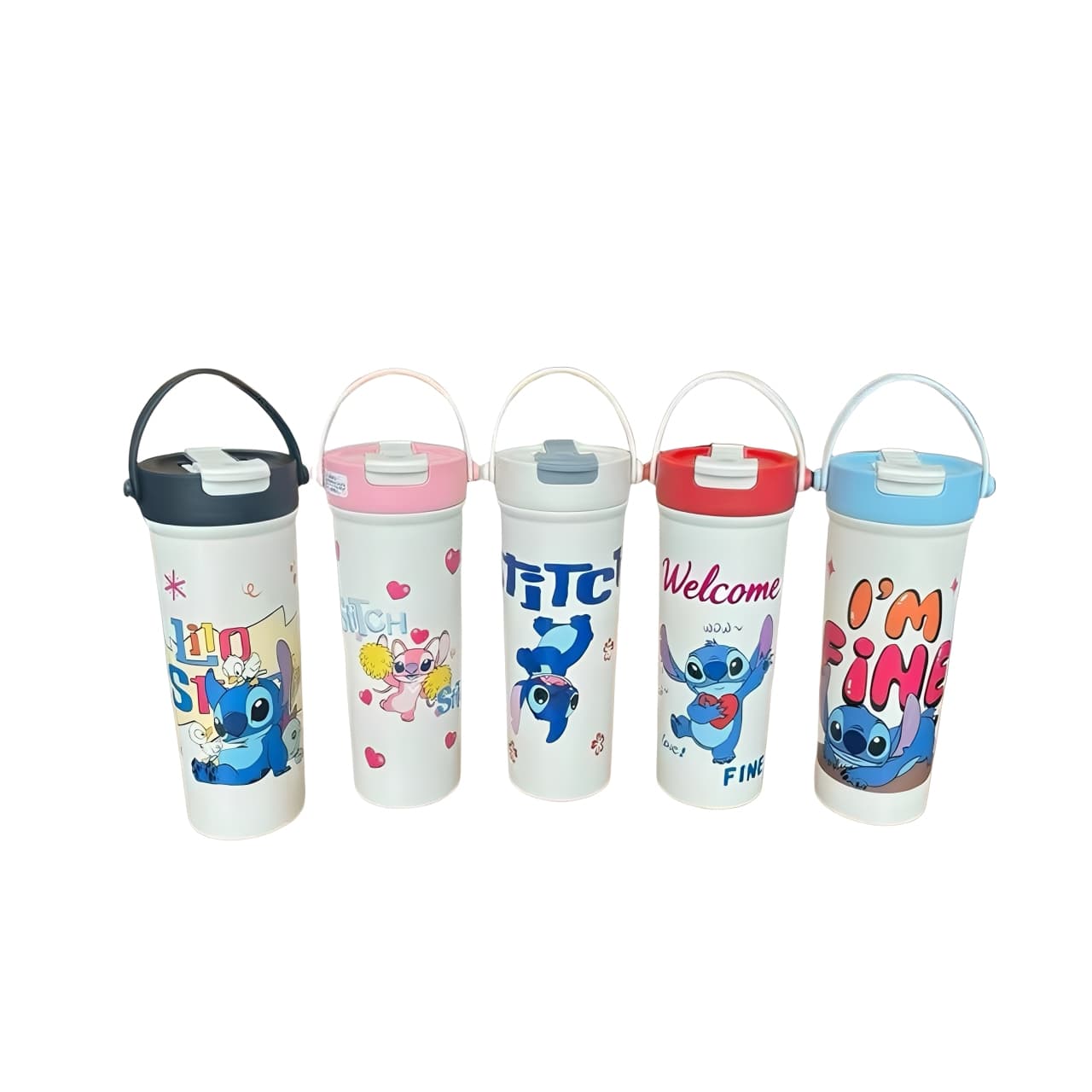 Set of 5 Stitch stainless steel 600ml travel mugs with colorful lids and cute designs