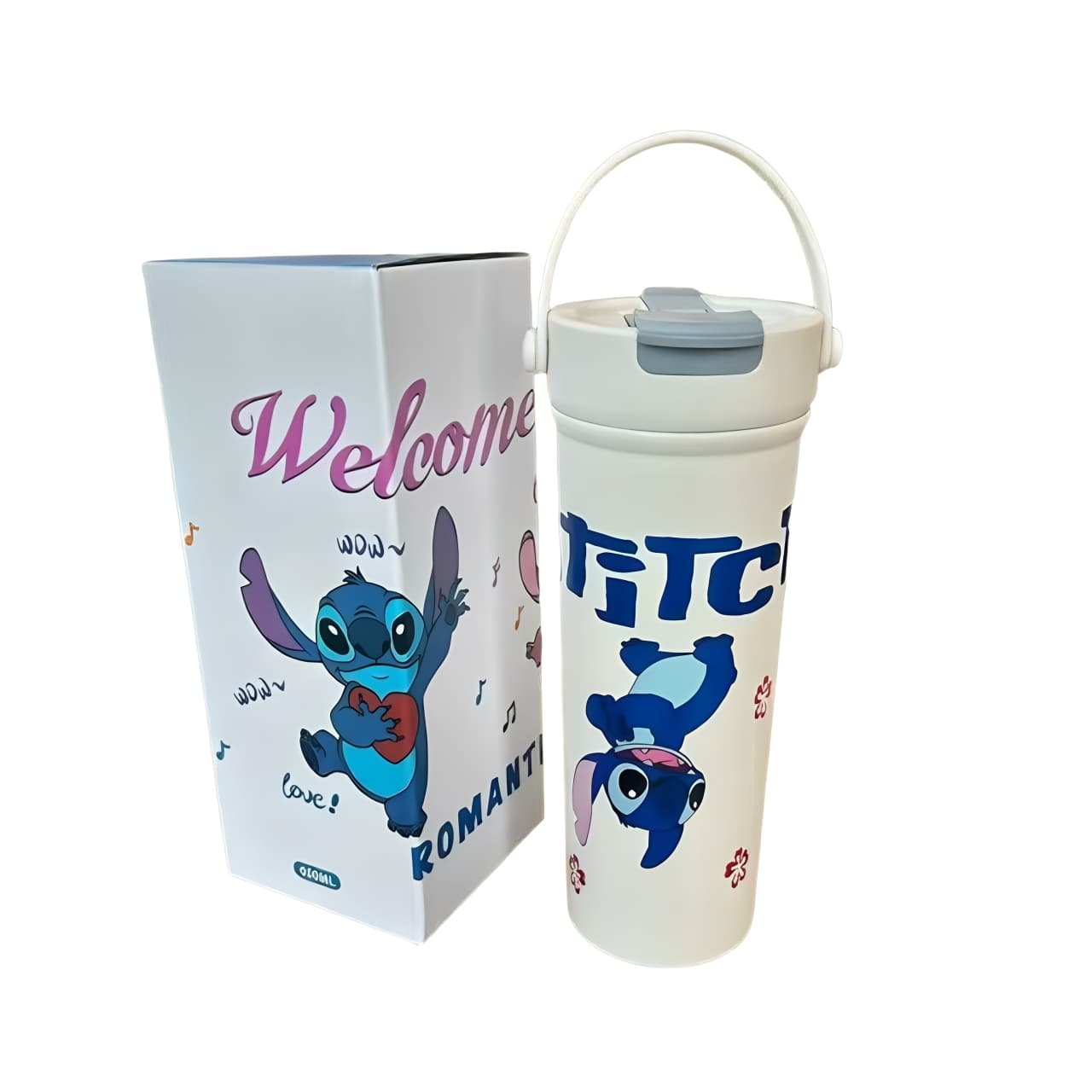 600ml Stitch stainless steel travel mug with grey lid and upside-down Stitch cartoon