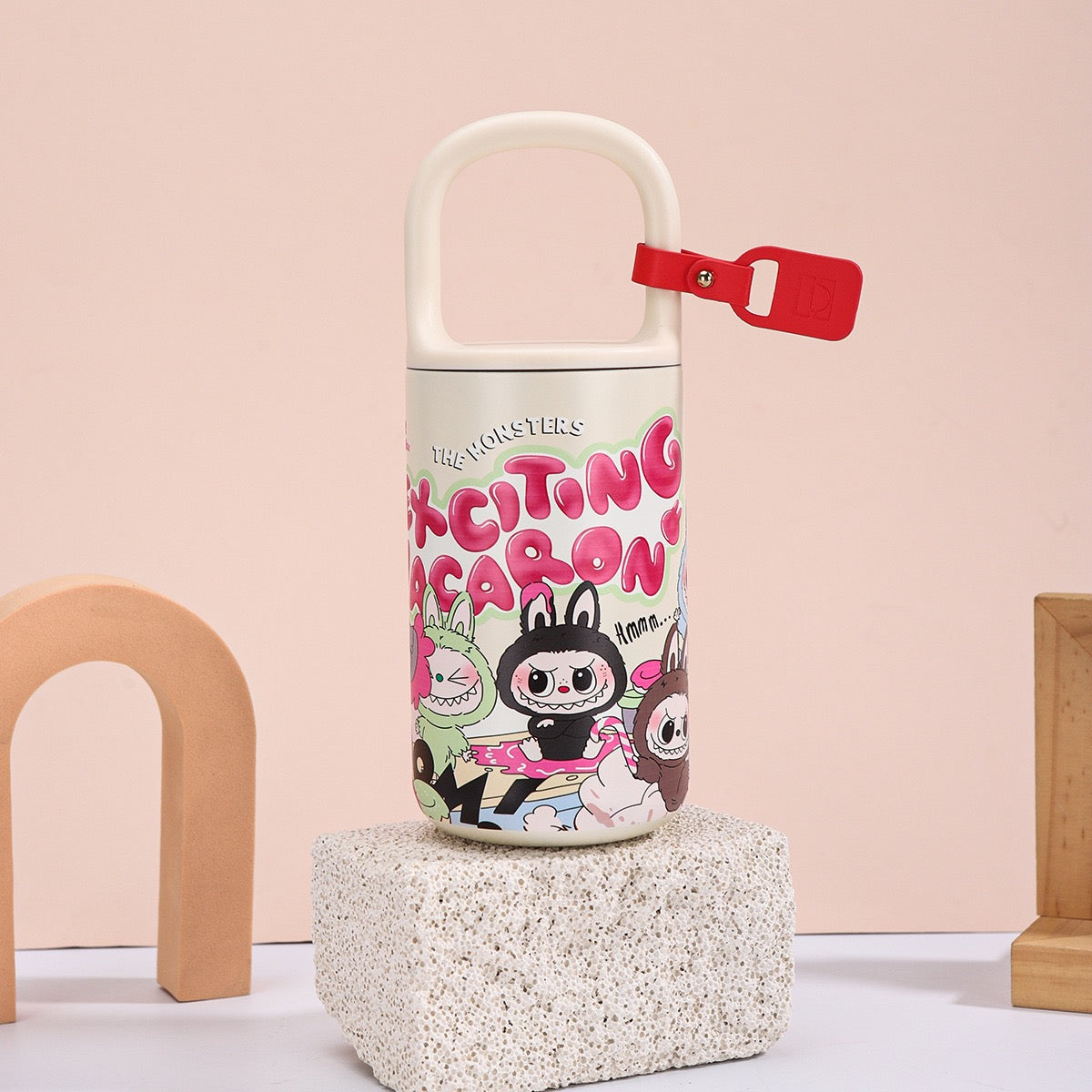 The Monsters 500ml stainless steel vacuum bottle with handle – Exciting Macaron pink cartoon design