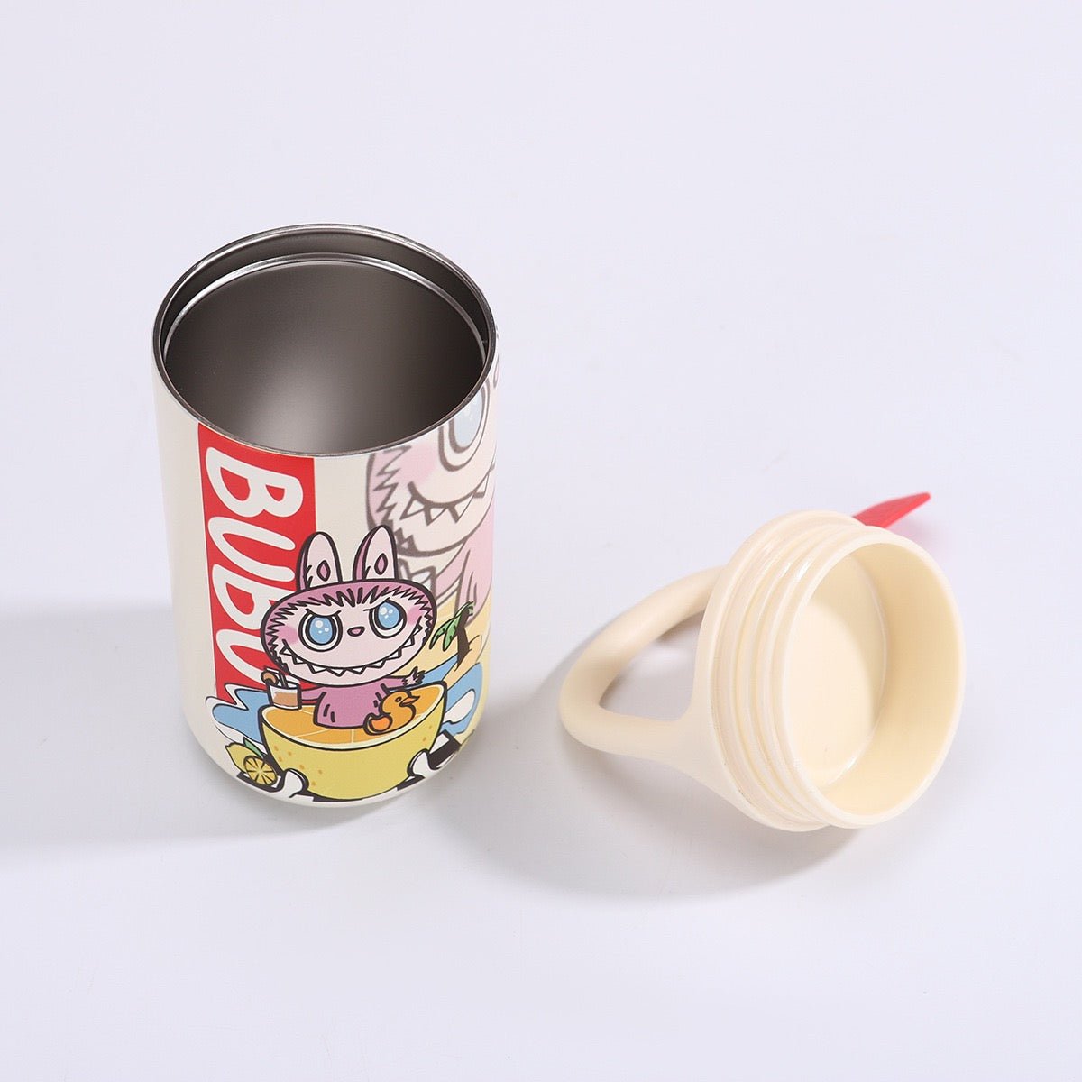 The Monsters 500ml stainless steel vacuum bottle with handle – open lid and inner view